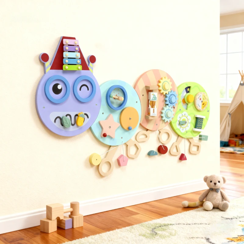 Qaba Caterpillar Montessori Busy Board, 7 in 1 Sensory Wall for Playroom Nursery Classroom, for Toddlers 3+ Years