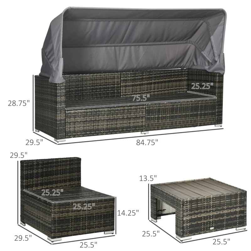 Outsunny Outdoor Daybed with Canopy, 4 Piece Sectional Patio Furniture Set, Cushions, Coffee Table Ottoman, PE Wicker Conversation Sofa Set & Convertible Sunbed, Gray