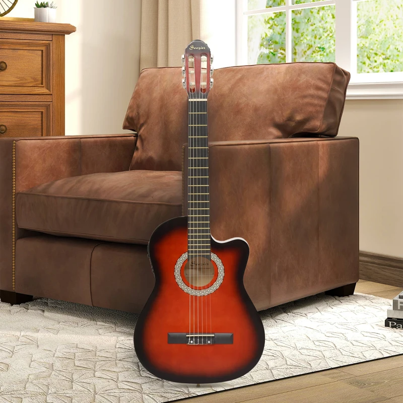 Soozier 39.5 Inch Acoustic Electric Guitar for Beginner with Strings, Beige Strap, 3 Picks and Case Bag, Wine Red