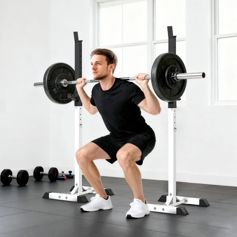 Soozier Adjustable Barbell Rack Stable Power Squat Stand Portable 2 Bars Barbell Holder Weight Rack, Black and White