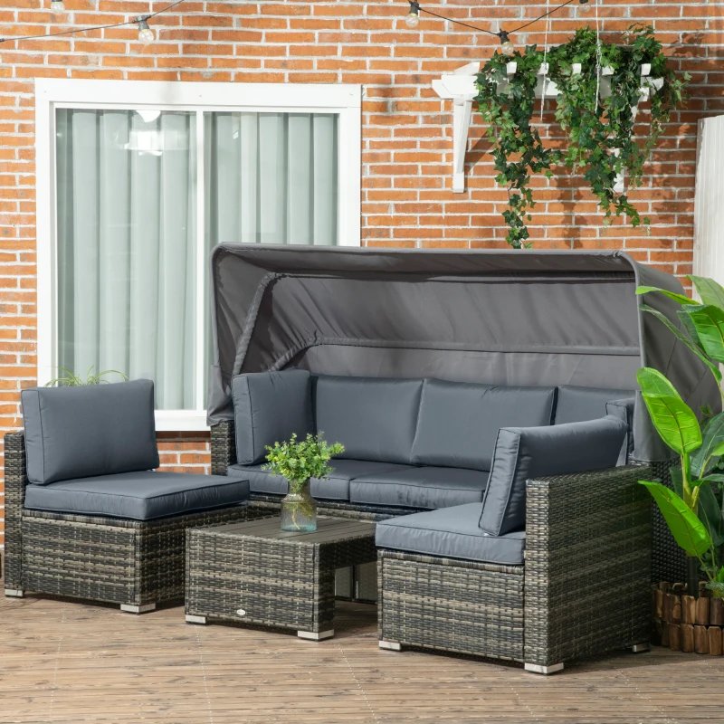 Outsunny Outdoor Daybed with Canopy, 4 Piece Sectional Patio Furniture Set, Cushions, Coffee Table Ottoman, PE Wicker Conversation Sofa Set & Convertible Sunbed, Gray