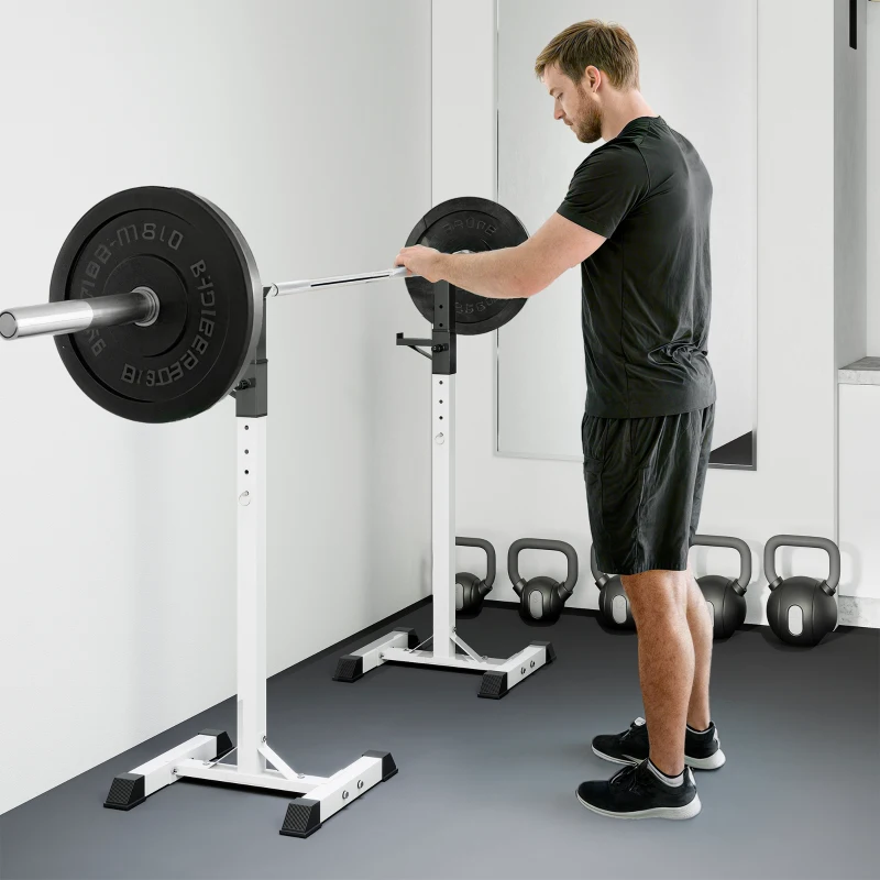 Soozier Adjustable Barbell Rack Stable Power Squat Stand Portable 2 Bars Barbell Holder Weight Rack, Black and White
