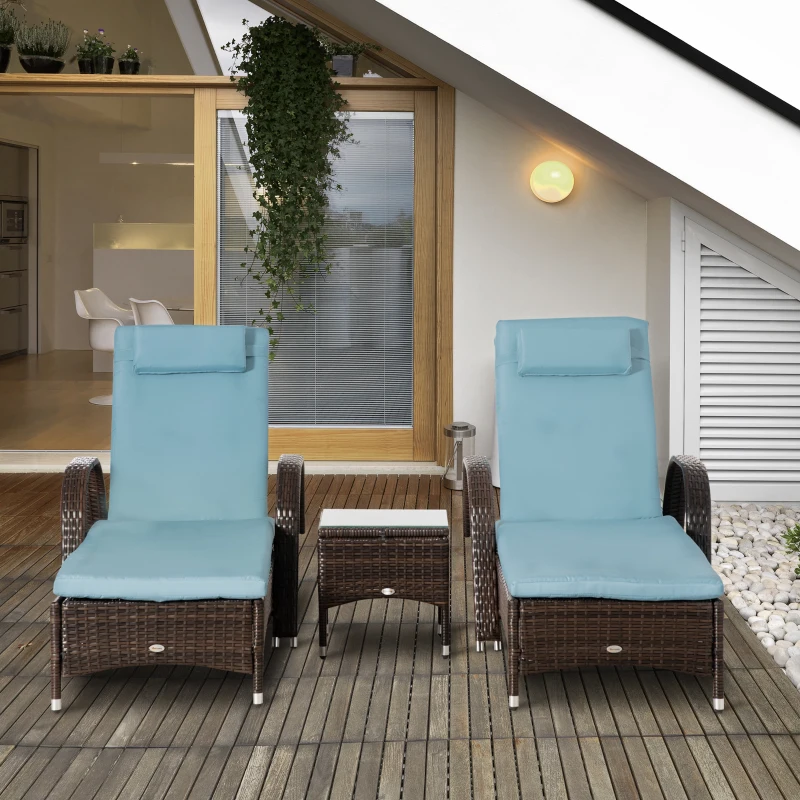 Outsunny 3 Pieces Wicker Patio Lounger Set with Table, PE Rattan Outdoor Lounge Chair Set with Cushions, Wheels, 5-Level Reclining Backrest, Headrest, Brown/Grey