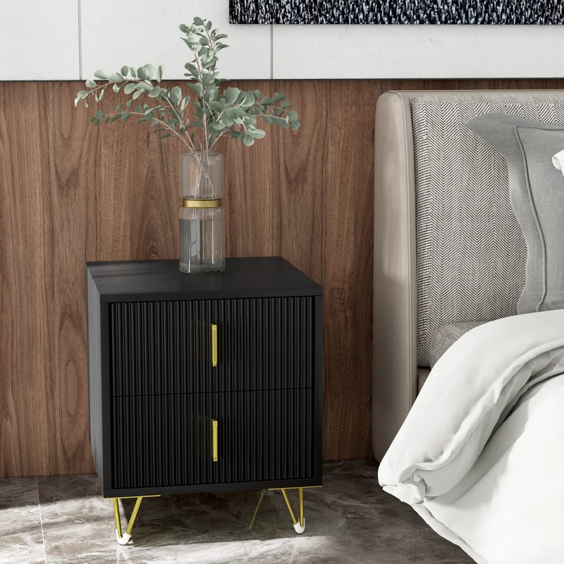 HOMCOM Bedside Table, Modern Nightstand with 2 Drawers, Side End Table with Metal Legs for Living Room, Bedroom, Black