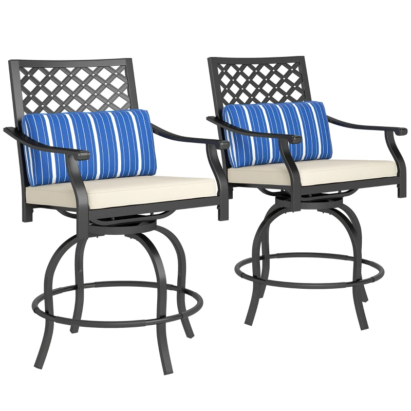 Outsunny Outdoor Bar Stools Set of 2, Bar Height Swivel Patio Chairs with Cushion, Pillow Footrest for Poolside, Backyard