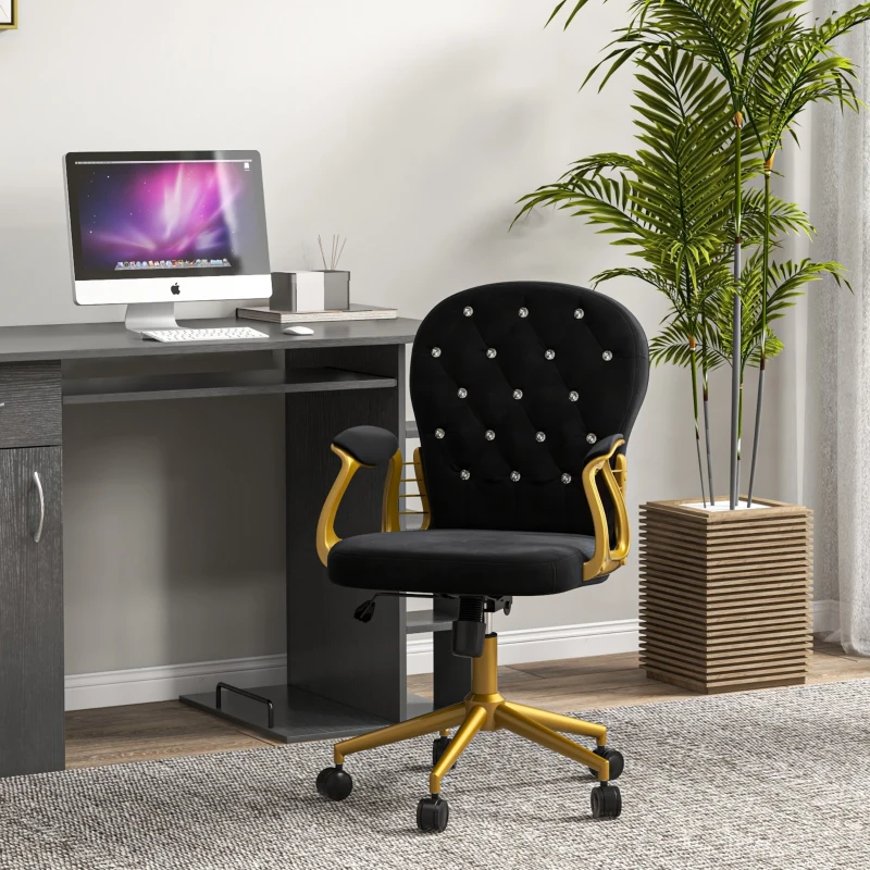 Vinsetto Velvet Office Desk Chair Button Tufted Vanity Chair with Swivel Wheels, Adjustable Height and Tilt Function, Black
