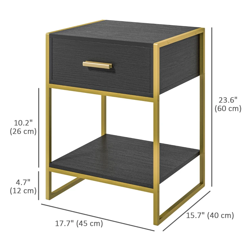 HOMCOM Modern Nightstand Set Of 2, Small Bedside Table with Drawer, Shelf and Steel Frame for Bedroom, Black