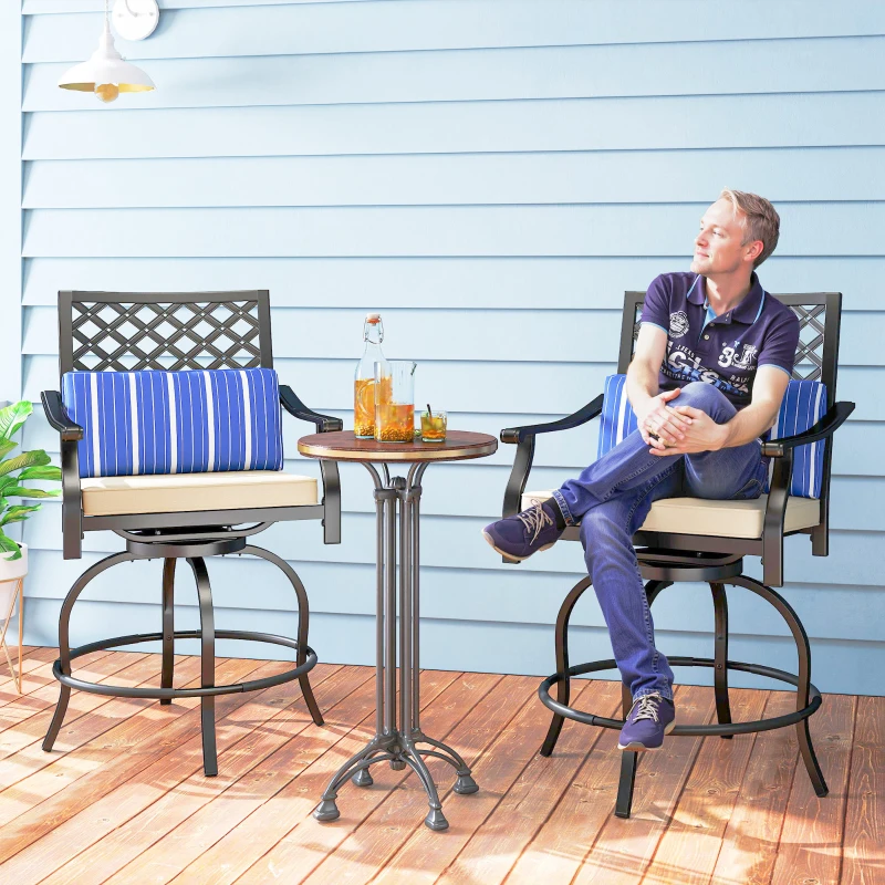 Outsunny Outdoor Bar Stools Set of 2, Bar Height Swivel Patio Chairs with Cushion, Pillow Footrest for Poolside, Backyard