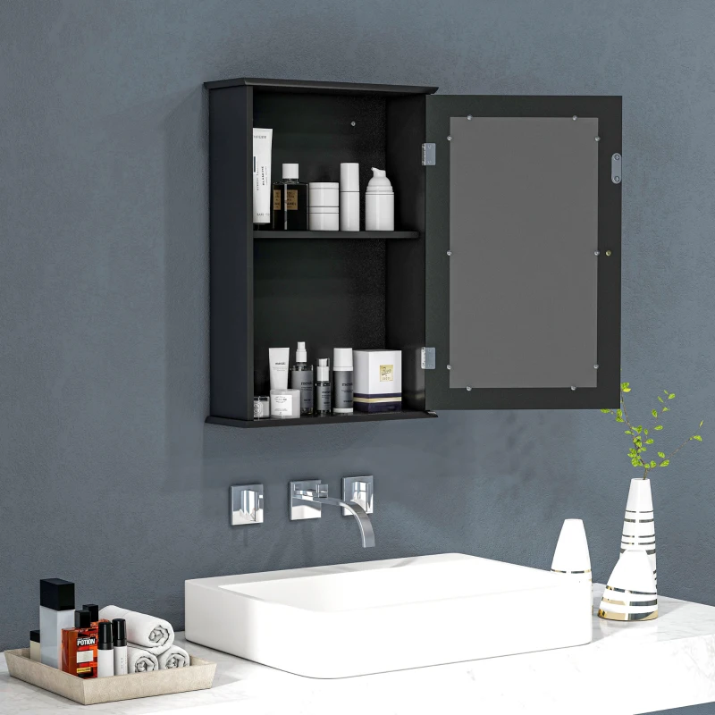 kleankin Bathroom Mirror Cabinet, Wall Mounted Medicine Cabinet with Door and Shelves, Black