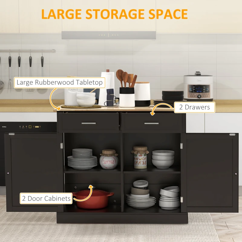 HOMCOM Kitchen Island with Drop Leaf, Rolling Kitchen Cart with 2 Drawers, Adjustable Shelves and Wood Countertop, Black