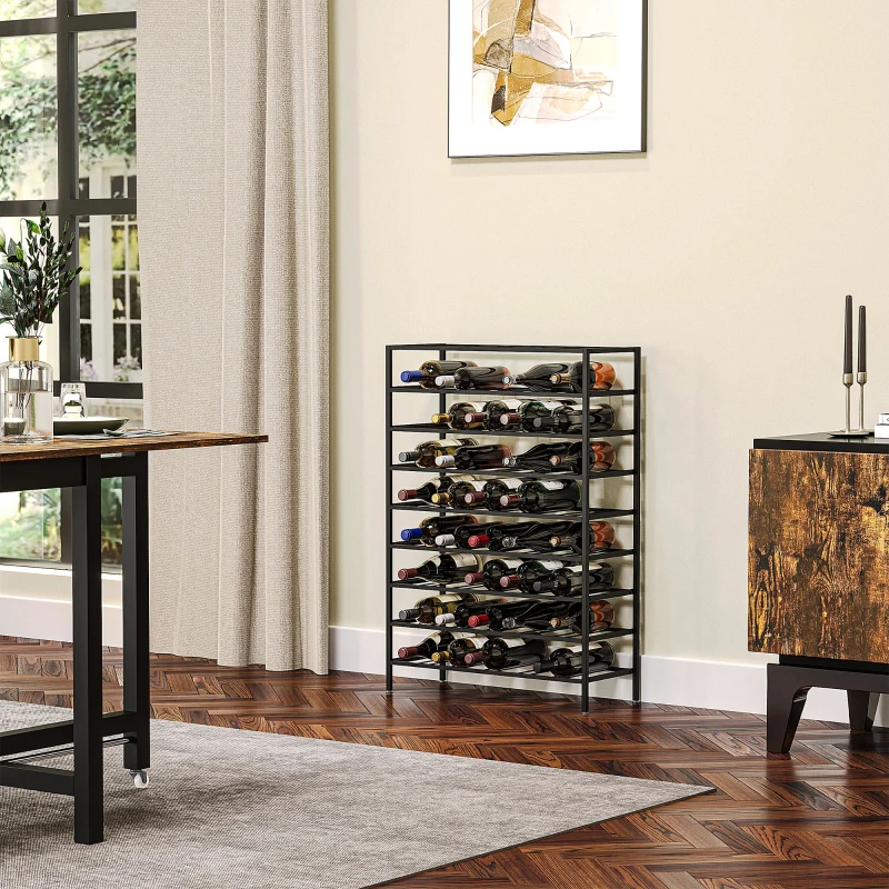 HOMCOM 9-Tier Metal Wine Bottle Rack 54 Bottles Freestanding Wine Storage Holder Home Bar Wine Display Stand Cellar Bottle Organizer Black