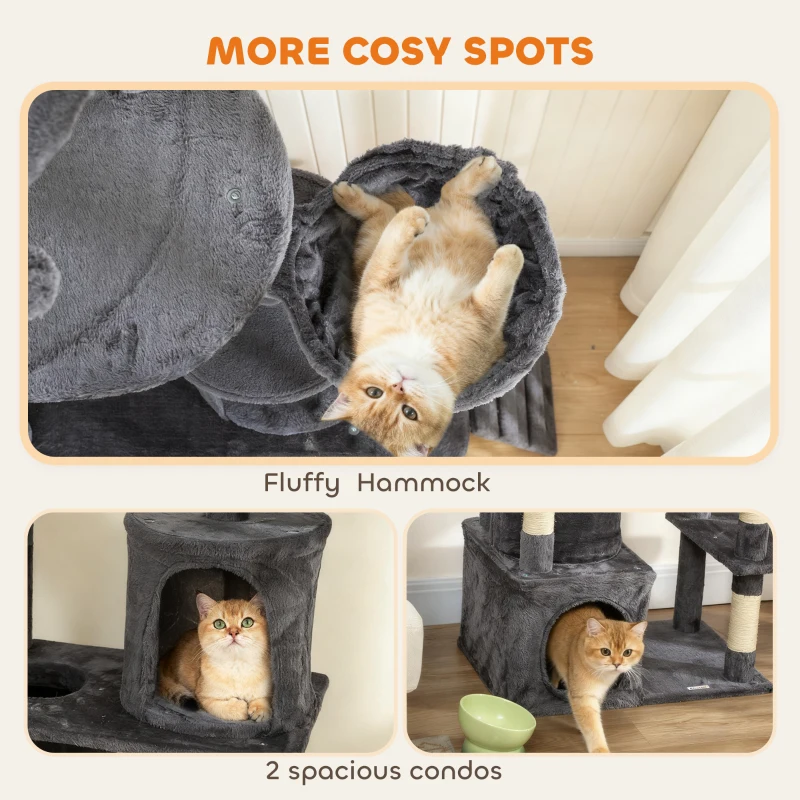 PawHut 67" Large Cat Tree with 7 Scratching Posts, Tunnel, 2 Condos, Hammock, Perch, Ramp, Pompoms, Dark Grey