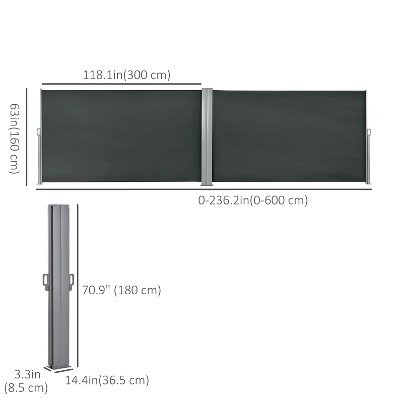Outsunny 236" x 71" Outdoor Privacy Wall, Double Retractable Side Awning, Patio Screen for Garden, Balcony, Grey