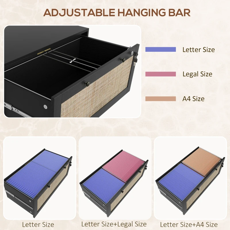 Vinsetto 2-Drawer Filing Cabinet with Lock, Rattan File Cabinet with Adjustable Hanging Bar, Black