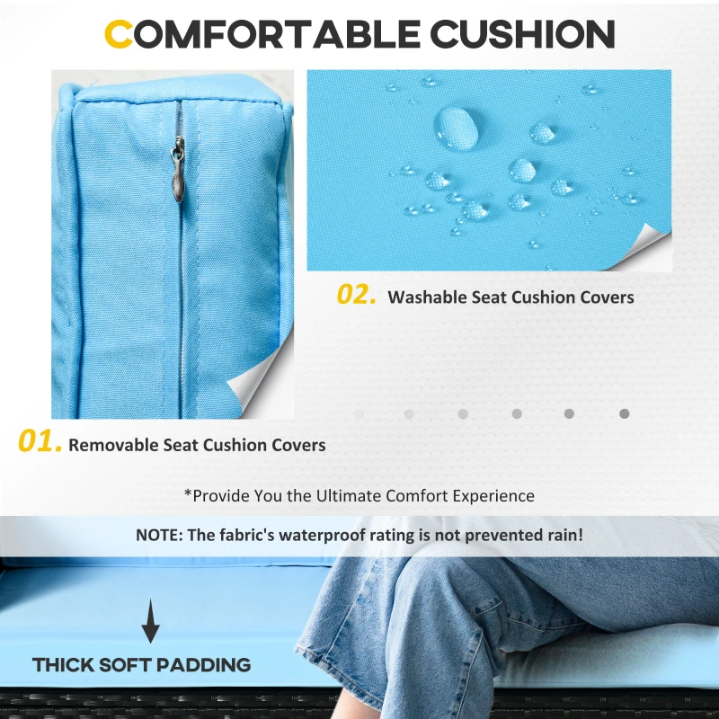 Outsunny 4 Pieces Wicker Patio Furniture Set with Thick Cushions, Outdoor PE Rattan Conversation Sofa Set with Glass Top Table & Extra Wide Seat, Sky Blue