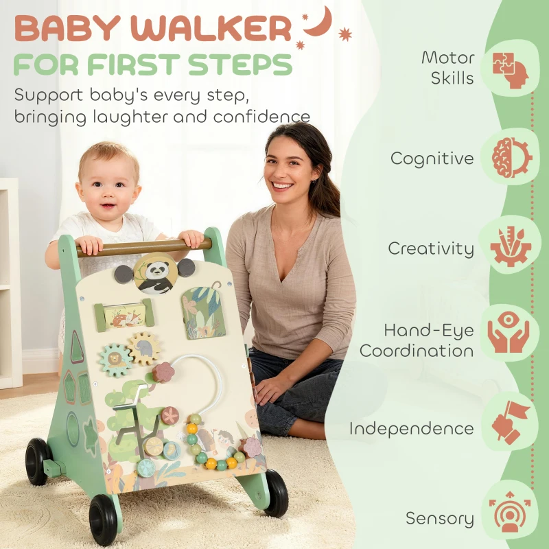 Qaba Wooden Baby Walker, Push Along Walker Toys with Speed Control, Xylophone, gears and Bead Maze, Green