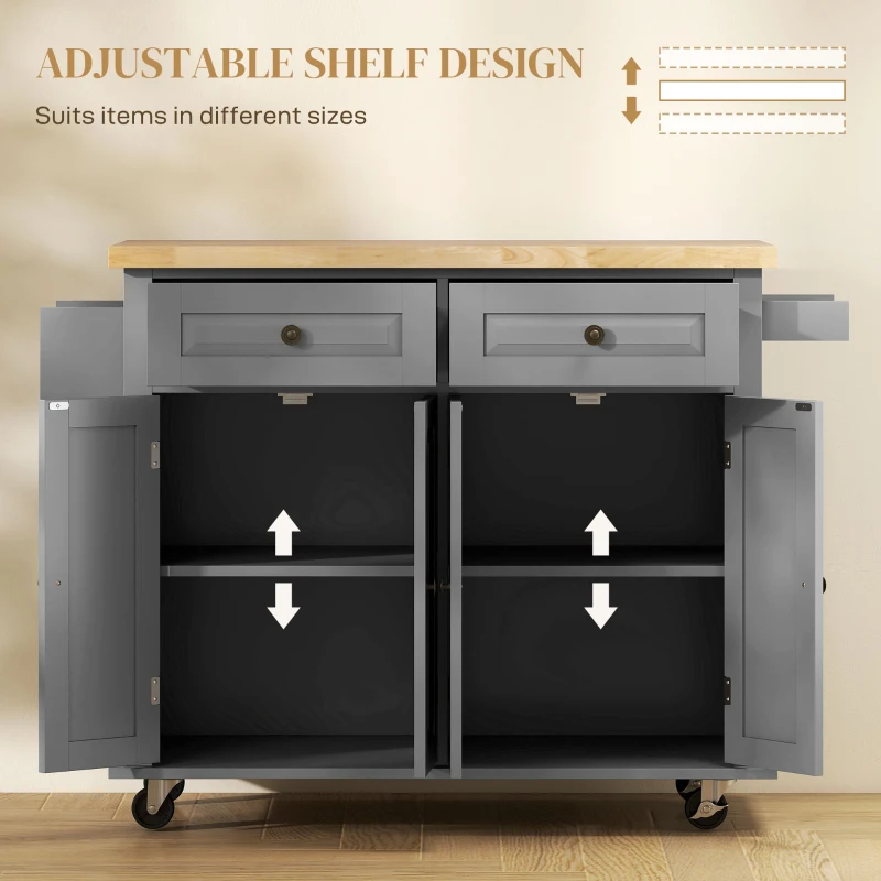 HOMCOM Kitchen Island with Storage, Rolling Trolley Cart with Rubber Wood Top, Spice Rack, Towel Rack, Grey