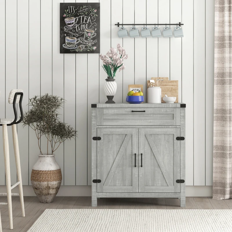 HOMCOM Farmhouse Kitchen Storage Cabinet, Sideboard Buffet Cabinet with 2 Rustic Barn Doors and Drawer, Grey