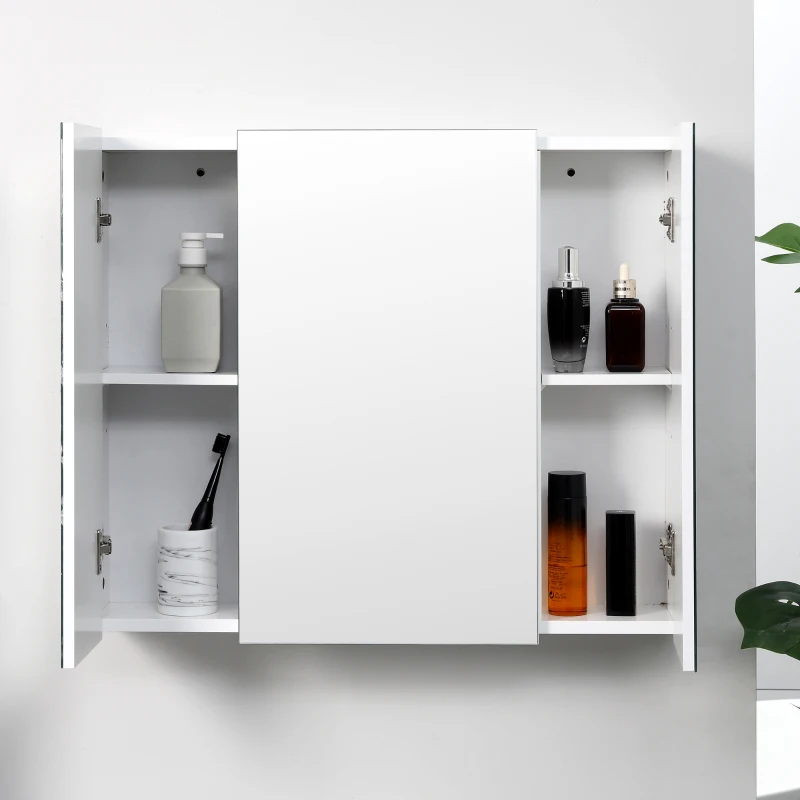 kleankin 28" x 24" Wall Mounted Mirror Cabinet, Bathroom Medicine Cabinet with Mirror, 3 Doors and Adjustable Shelves, White