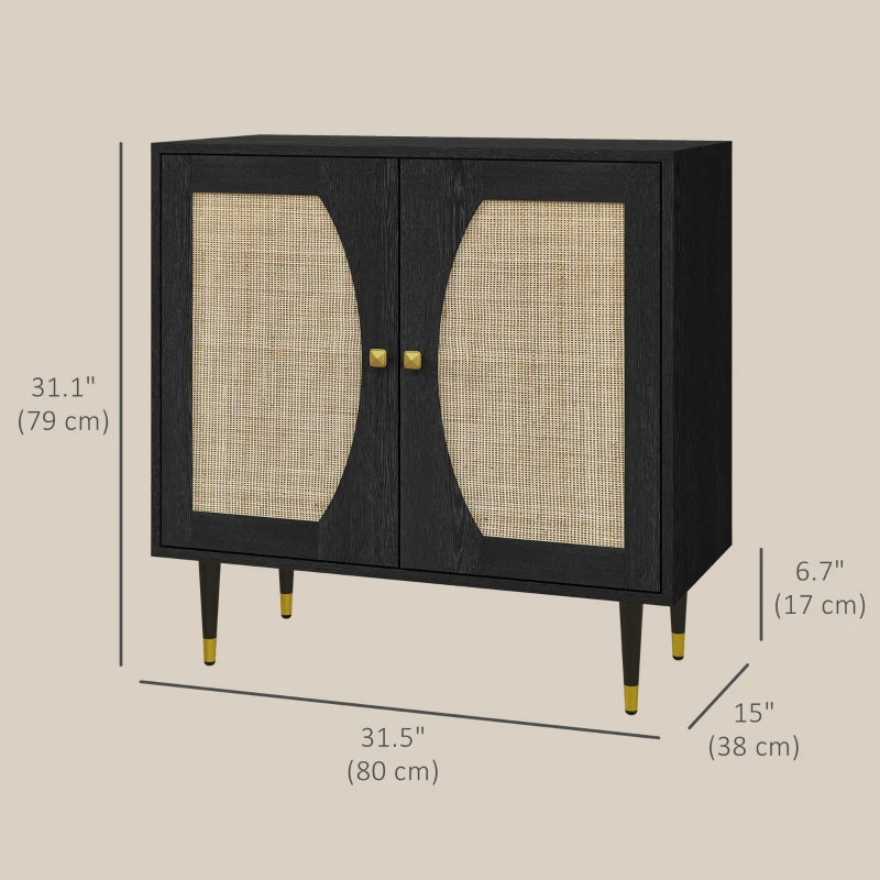 HOMCOM Boho Buffet Cabinet with Adjustable Shelf and Rattan Decorated Doors, TV Cabinet for TV up to 42 Inches, Black