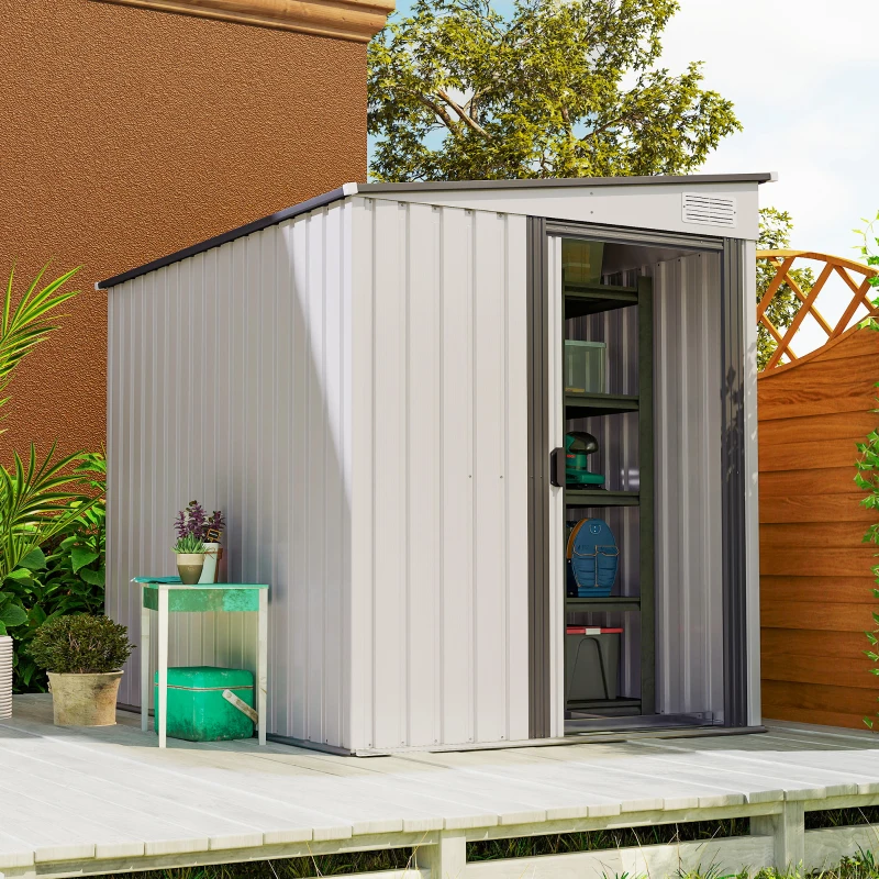 Outsunny 5x7 Garden Shed, Lean-to Metal Storage with Foundation, Sliding Door & 2 Vents for Garden Tools, White