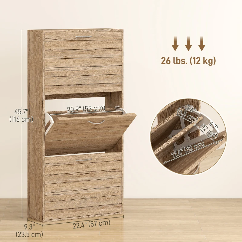 HOMCOM Shoe Storage Cabinet with 3 Flip Drawers, Narrow and Slim, 12 Pair of Shoes Organizer for Hallway, Entryway, Oak
