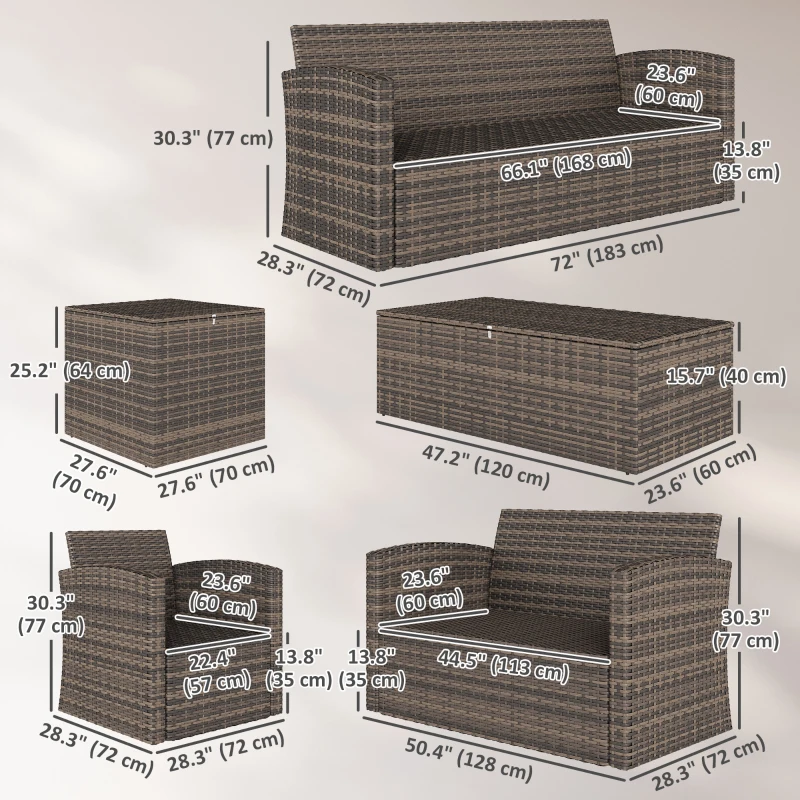 Outsunny 6 Pieces Wicker Patio Furniture Set with Cushions, 7-Seater Rattan Patio Sofa Set with Storage Table, Orange