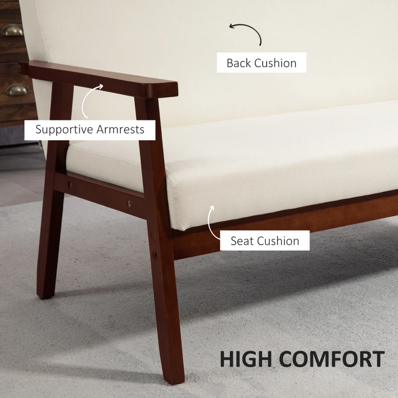 HOMCOM Compact Loveseat Sofa Couch Linen Fabric Double Seat Sofa with Rubber Wood Legs Cream White