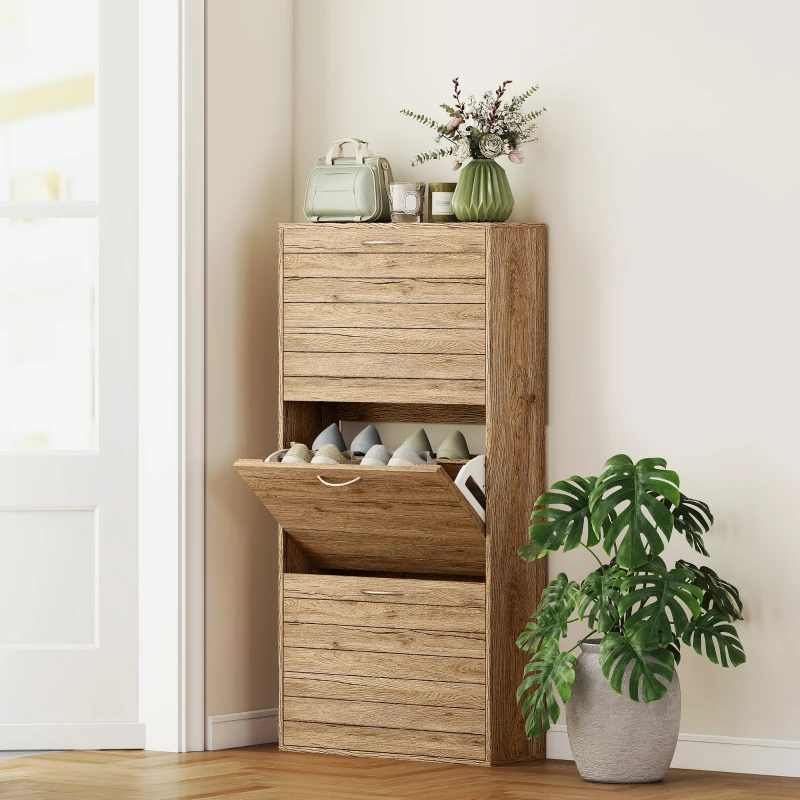 HOMCOM Shoe Storage Cabinet with 3 Flip Drawers, Narrow and Slim, 12 Pair of Shoes Organizer for Hallway, Entryway, Oak