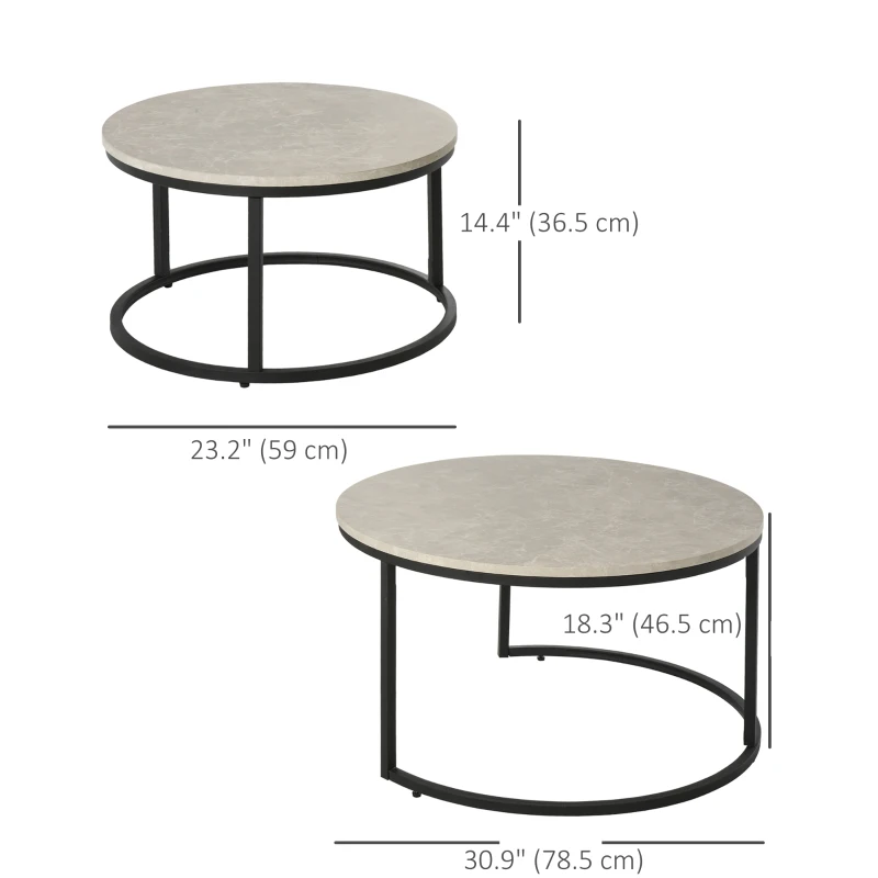 HOMCOM Modern Coffee Table Set of 2, Nesting Side Tables w/ Metal Base for Living Room Bedroom Office Cement Grey