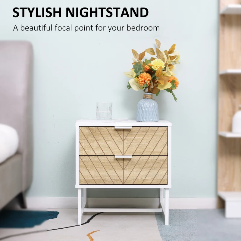 HOMCOM Modern Bedside Table with 2 Drawers and Steel Frame, Sofa Side Table for Bedroom Living Room, White and Oak