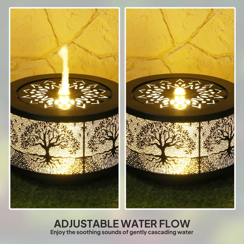 Outsunny Outdoor Water Fountain with LED Lights, 10" Tall Garden Waterfall Fountain Feature with Adjustable Flow, Black