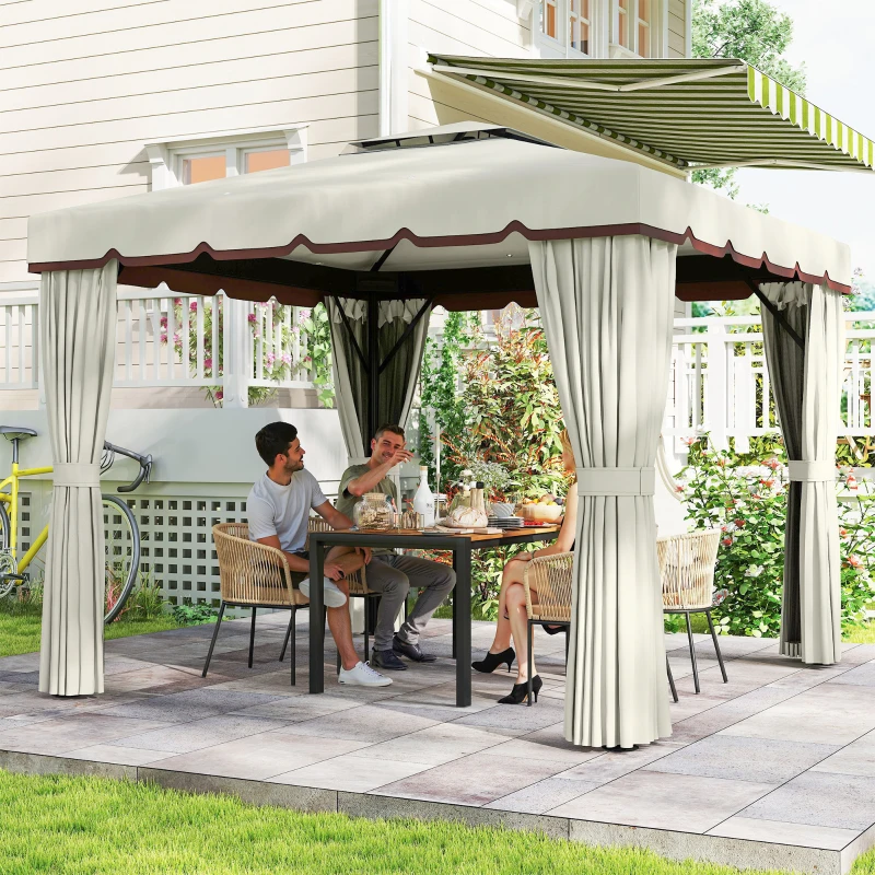 Outsunny 10' x 10' Outdoor Patio Gazebo Double Soft-top Garden Shelter Tent with Curtains, & Mesh Screen Drapes, Cream White