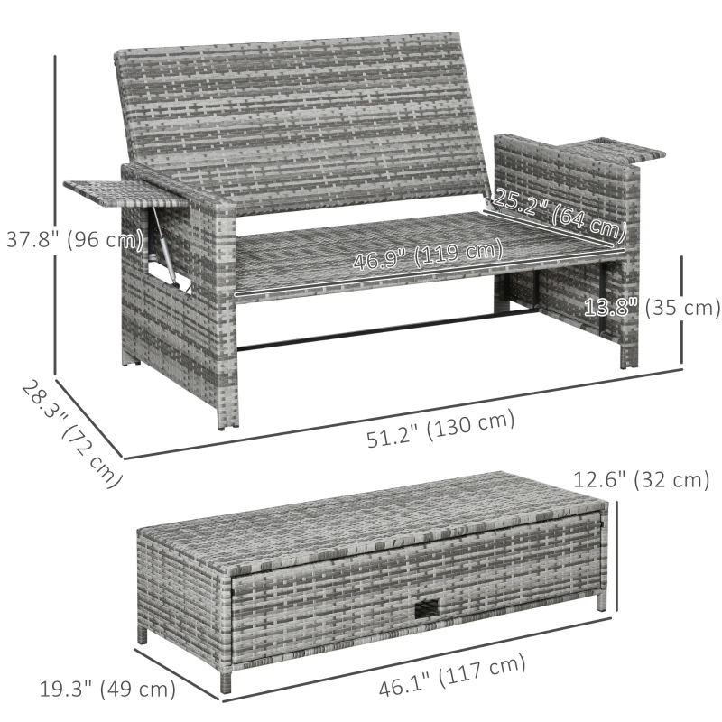Outsunny 2 Piece Rattan Outdoor Daybed, 2 Seater Sofa Set with Footstool, Storage, Cushions and Pillows for Garden, Patio, Grey