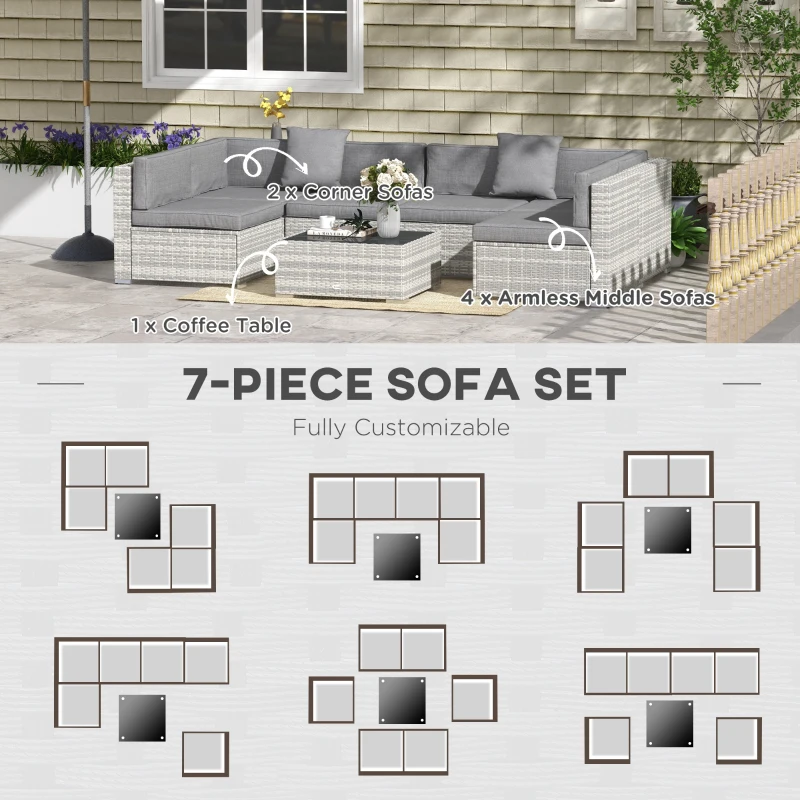 Outsunny 7pc Patio Wicker Set w/ Tea Table Wicker Sectional Sofa Set Grey