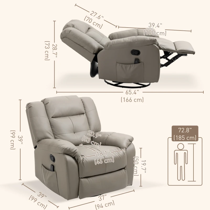 HOMCOM 8-Point Vibration Massage Recliner Chair for Living Room, PU Leather 360° Swivel Manual Reclining Sofa Rocking Chair with Remote Control, Side Pockets, Grey