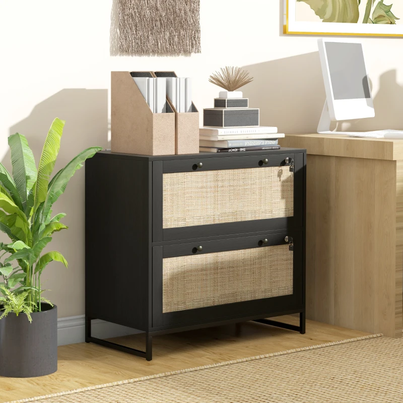 Vinsetto 2-Drawer Filing Cabinet with Lock, Rattan File Cabinet with Adjustable Hanging Bar, Black