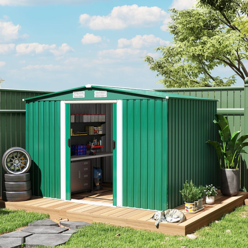 Outsunny 8.5' x 6.8' x 5.8' Practical Backyard Garden Storage Tool Shed Double Sliding Door 4 Ventilation Slots, Green
