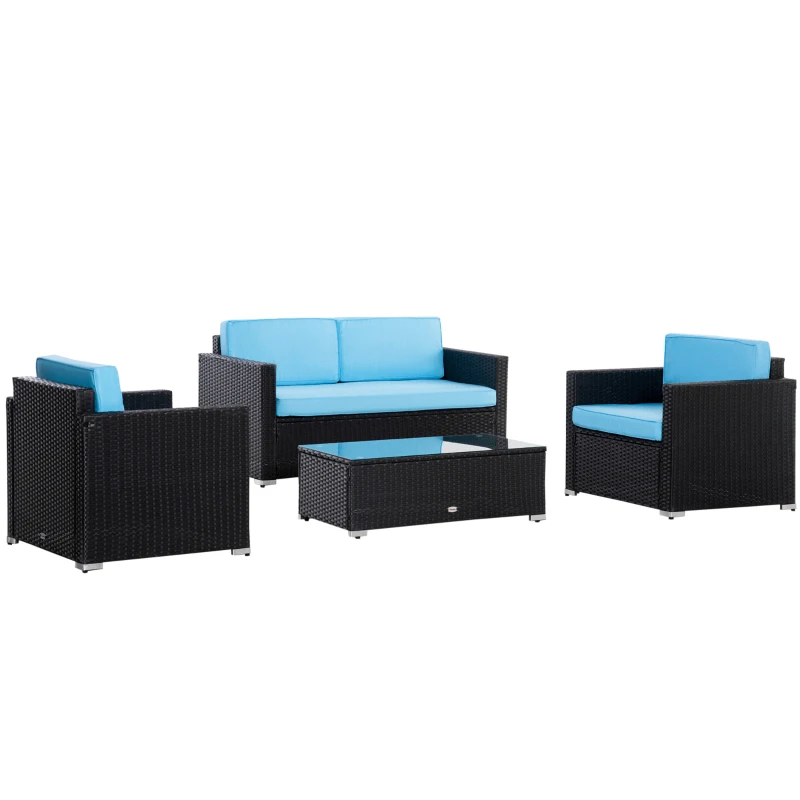Outsunny 4 Pieces Wicker Patio Furniture Set with Thick Cushions, Outdoor PE Rattan Conversation Sofa Set with Glass Top Table & Extra Wide Seat, Sky Blue