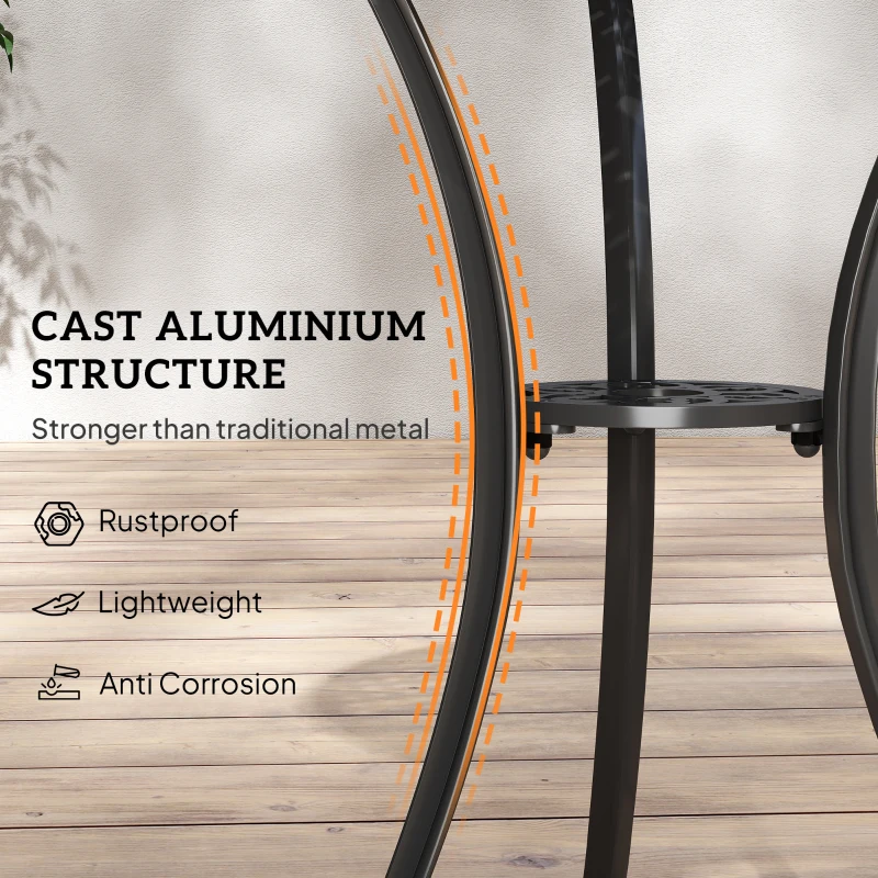 Outsunny 3 Pieces Patio Bistro Set, Cast Aluminum Outdoor Conversation Furniture Set, Coffee Table with Umbrella Hole, 2 Armchairs, Brown