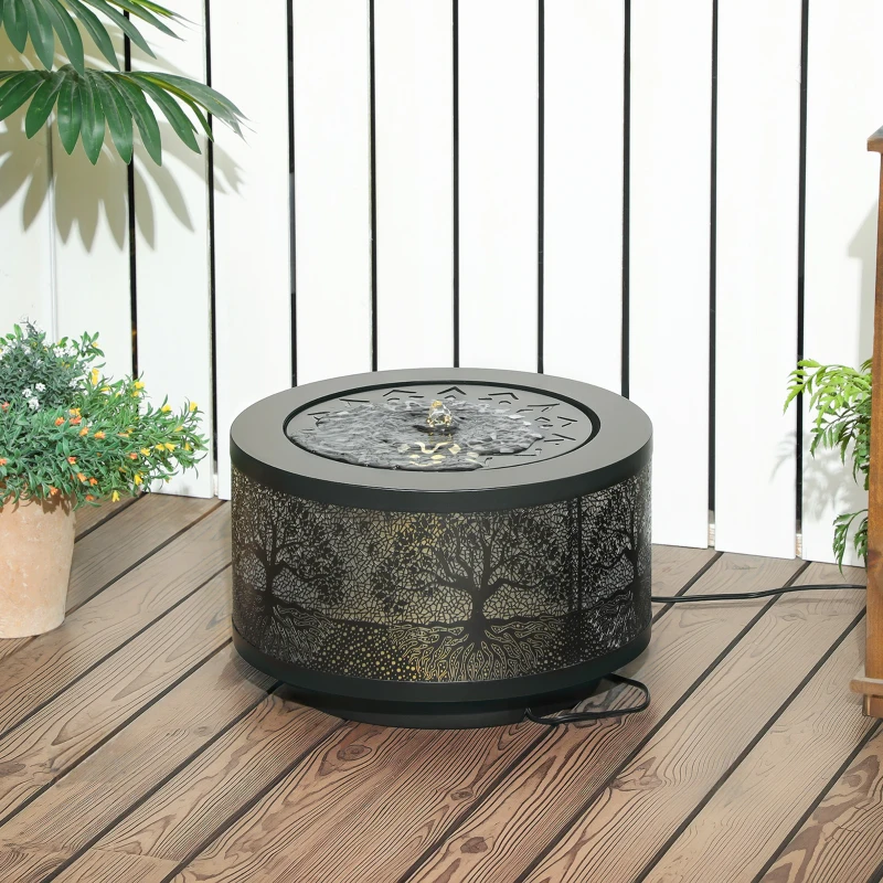 Outsunny Outdoor Water Fountain with LED Lights, 10" Tall Garden Waterfall Fountain Feature with Adjustable Flow, Black