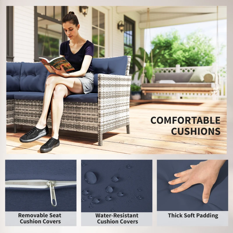 Outsunny 6pcs Outdoor Rattan Sofa Set Garden Wicker Sectional Couch Furniture Set with Dining Table and Chair Sky Blue