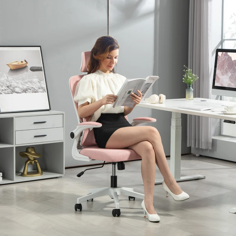Vinsetto High Back Office Chair, Mesh Computer Desk Chair with Rotatable Headrest, Lumbar Back Support, Adjustable Height, Pink