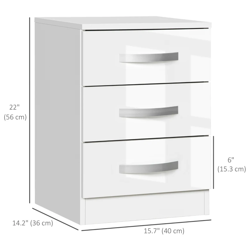 HOMCOM Modern Nightstand Set of 2, Bedside Tables with 3 High Gloss Drawers for Bedroom, White