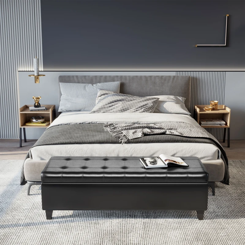 HOMCOM Storage Ottoman Bench, Foot Rest with Solid Wood Legs, 51 Inches PU Leather Storage Chest for Living Room, Black