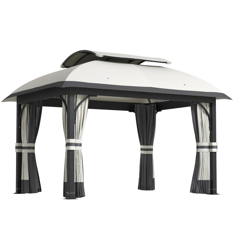 Outsunny 11' x 13' Patio Gazebo, Double Roof Outdoor Gazebo Canopy with Netting & Curtains, Galvanized Metal Frame, Light Grey