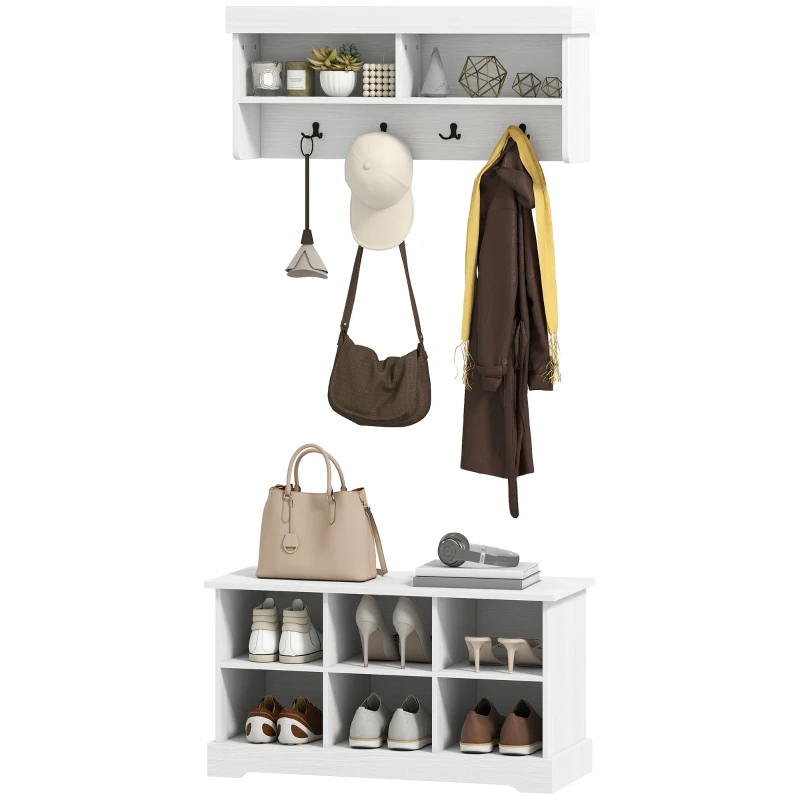 HOMCOM Coat Rack Shoe Bench Set, Entryway Shoe Bench with 8 Storage Cubbies, 4 Hooks for Hallway, Living Room, White