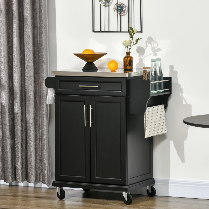 HOMCOM Kitchen Island with Stainless Steel Top, Rolling Kitchen Cart on Wheels with Storage Drawer, Cabinet, Towel Rack and Spice Rack (Black)