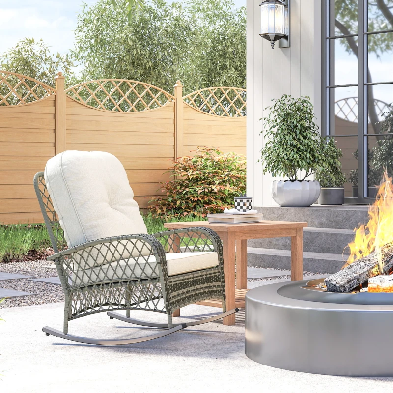 Outsunny Rattan Rocking Chair, Outdoor Wicker Patio Rocker Chair Furniture with Thick Cushions, for Garden Backyard Porch, Khaki