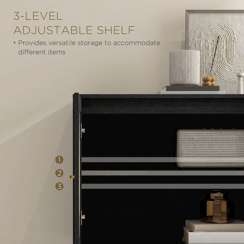 HOMCOM Boho Buffet Cabinet with Adjustable Shelf and Rattan Decorated Doors, TV Cabinet for TV up to 42 Inches, Black